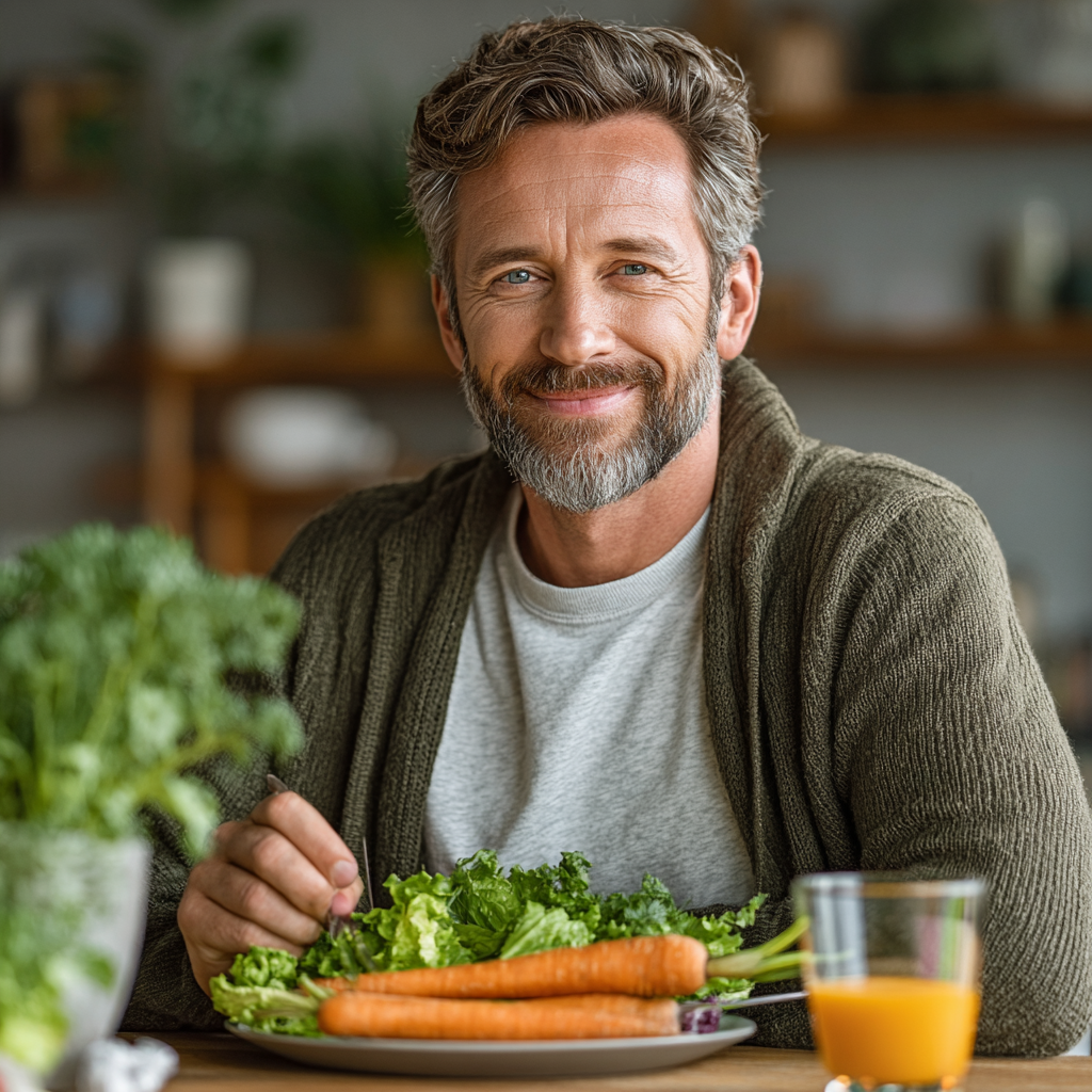 Healthy middle-aged man in his 40s enjoying a nutritious meal at home, looking satisfied and energetic while following his personalized meal plan