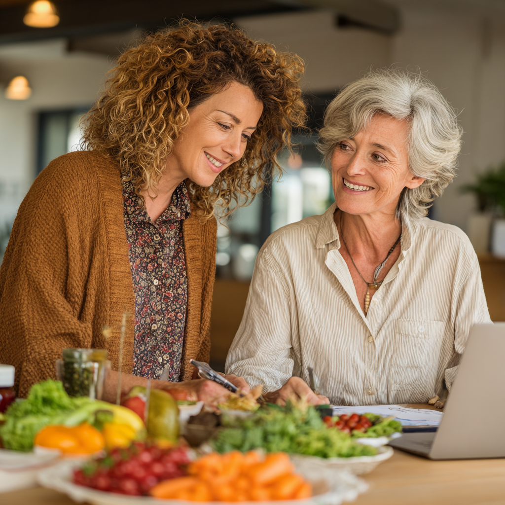 Professional nutritionist in her 50s consulting with a client, showing healthy meal plans and discussing nutrition strategies in a bright office setting