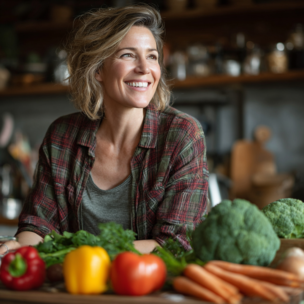 Smiling woman in her 40s preparing fresh healthy vegetables in a modern kitchen, looking confident and energetic while meal planning
